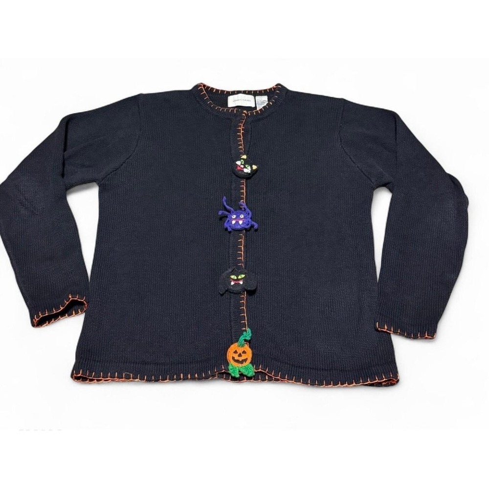 VTG Lemon Grass Halloween Cardigan Womens L Black Cat Spider Pumpkin 3D Buttons
